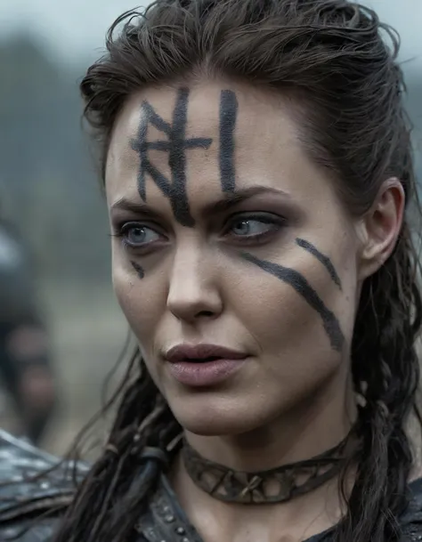 Close-up of (ohwx woman) <lora:jolie_lora_sdxl_v1-000008:1> in Hellblade: Senua's Sacrifice, emerging from black mud, long hair with dreads, war blue paint, paint fading, angry expression, dirty face, finely detailed eyes, moody, viking clothes, epic scene, epic composition, Photography, Cinematic Lighting, Volumetric Lighting, ethereal light, intricate details, extremely detailed volumetric rays
