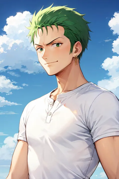 pretime zoro, male focus, 1boy, solo, earrings, jewelry, sky, upper body, shirt, white shirt, cloud, day, frown,smile<lora:zoro_v2_off:0.8>