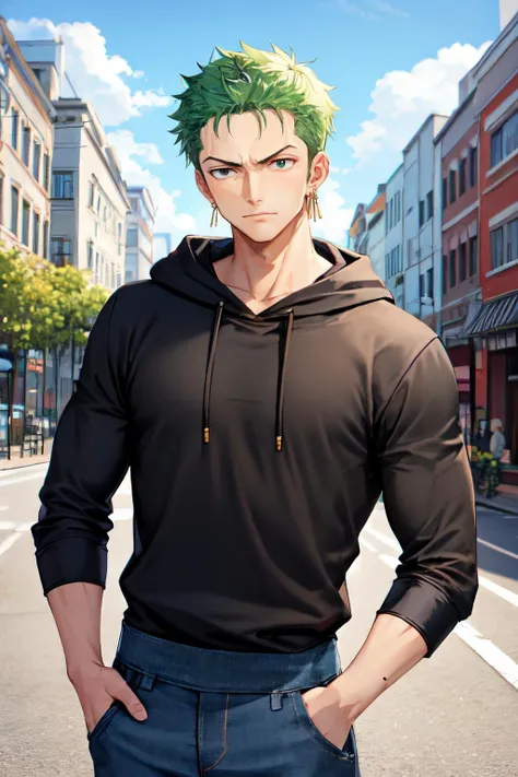 pretime zoro, male focus, solo, 1boy, muscular male, looking at viewer, earrings,black hoodie, denim pants, outdoors, upper body<lora:zoro_v2_off:0.8>