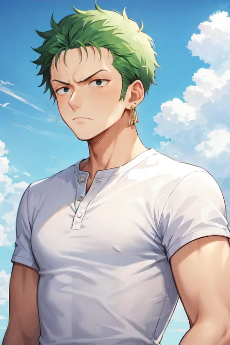 pretime zoro, male focus, 1boy, solo, earrings, jewelry, sky, upper body, shirt, white shirt, cloud, day, frown<lora:zoro_v2_off:0.8>