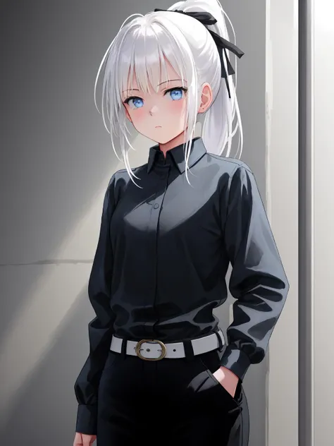 best quality, masterpiece,
mignon30,mignonh9,1girl,
ponytail,
hair ribbon,
white hair,
black shirt,
blue eyes,
expressionless,
black pants,
white belt,
cowboy shot,