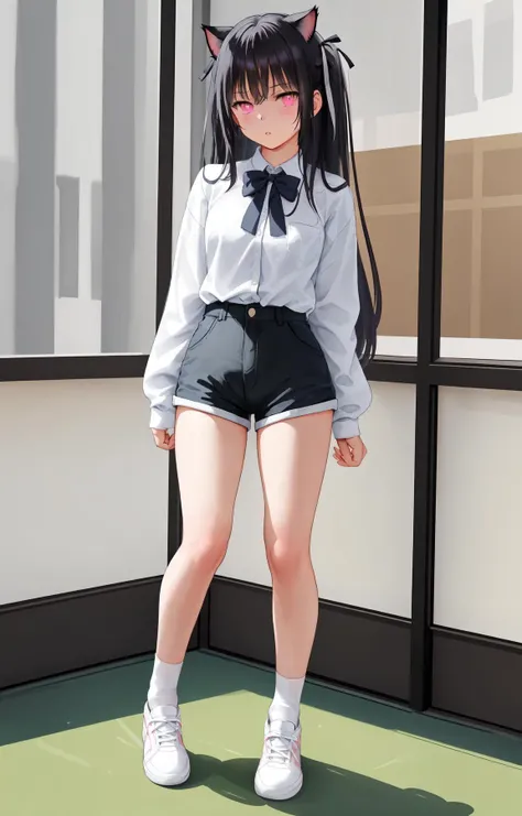 best quality, masterpiece,
mignon30,mignonh9,1girl,
long hair,
black hair,
hair ribbon,
bowtie,
pink eyes,
parted lips,
cat ears,
cat girl,
white shirt,
short shorts,
bare legs,
white sneaker,
white socks,
standing on one leg,