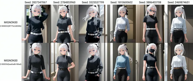 best quality, masterpiece,
mignon30,mignonh9,1girl,
ponytail,
hair ribbon,
white hair,
black shirt,
blue eyes,
expressionless,
black pants,
white belt,
cowboy shot,