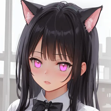 best quality, masterpiece,
mignon30,mignonh9,1girl,
long hair,
black hair,
hair ribbon,
bowtie,
pink eyes,
parted lips,
cat ears,
cat girl,
white shirt,
portrait,