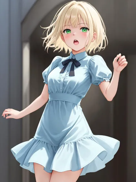 best quality, masterpiece,
mignon30,mignonh9,1girl,
short hair,
blonde hair,
dress,
green eyes,
@_@,
shouting,
cowboy shot,