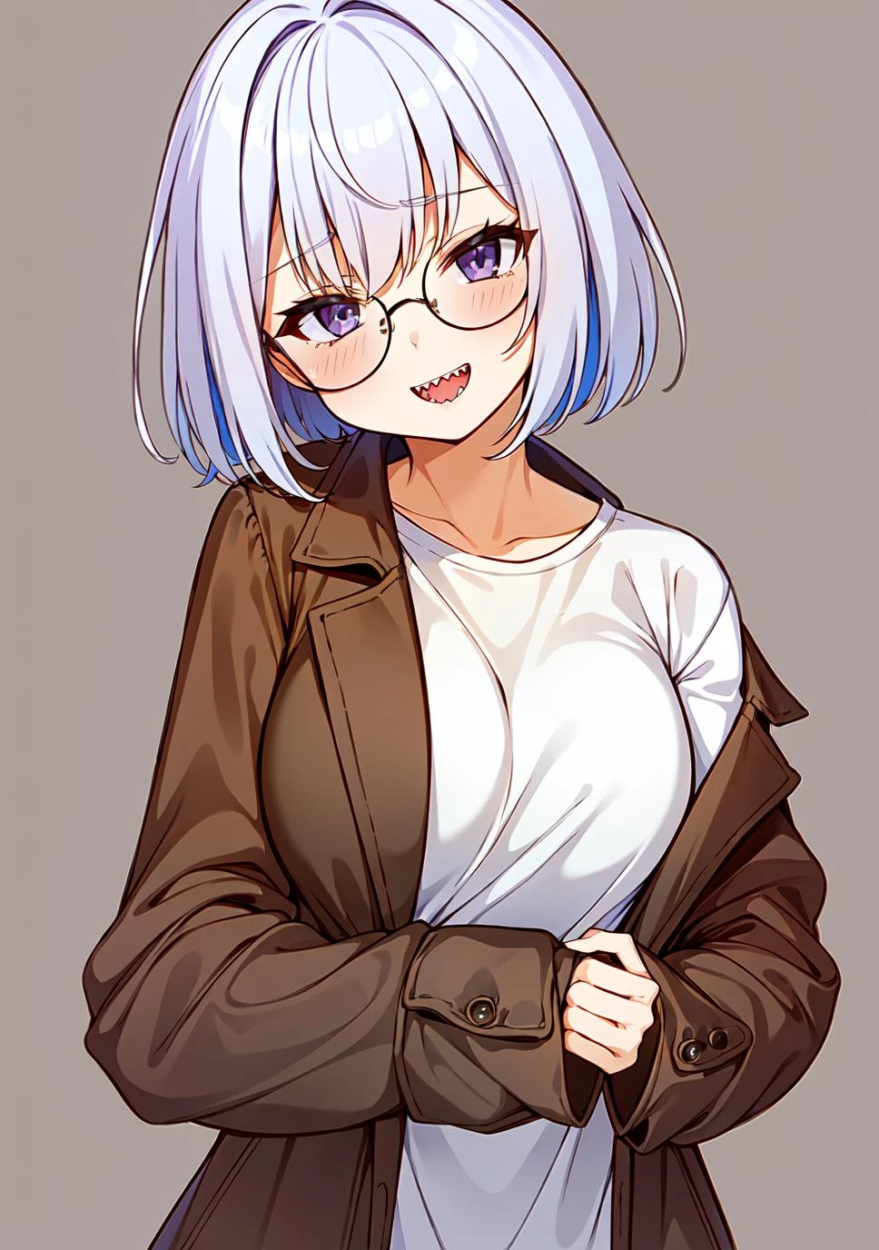 (masterpiece), best quality, solo, 1girl, looking at viewer, white hair, purple eyes, upper body, round eyewear , glasses, brown coat, simple background, Choco Tanuki, head tilt, open mouth, sharp teeth, <lora:Choco_tanuki_50:0.6>,