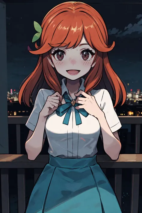 masterpiece, best quality, looking at viewer, facing viewer, nice hands, perfect hands, <lora:PokemonV2:1> <lora:GoodHands-vanilla:1>, generation 9, 1girl, solo, (night:1.3), low key, <lora:LowRA:0.7>, excited, blush, balcony, penthouse, wide windows, city, smile, happy, <lora:Lassfrlg:0.7> Lassfrlg, collared shirt