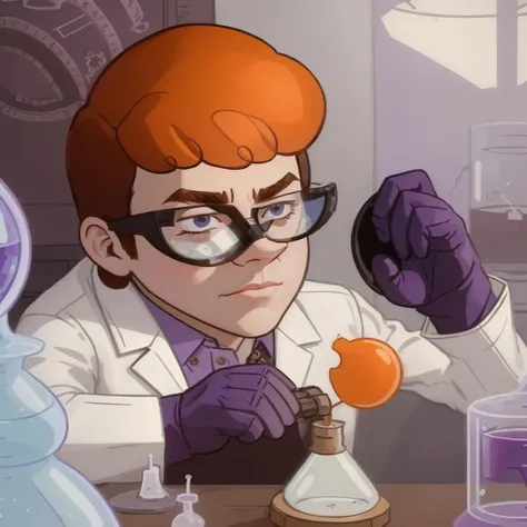 (masterpiece), (extremely intricate), photo of a boy scientist, orange hair, glasses, purple gloves, white closed lab-coat, working in a laboratory (perfect composition:1.4), aspect ratio 1:1, detailed face and body, award-winning photography, margins, detailed face, intricate, high detail, sharp focus, dramatic, 8k <lora:dextr95_V12:0.75>