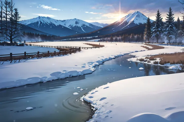 scenery,landscape,emphasis_outlines,depth of field,official wallpaper, game cg, snow,snowflakes,snow field,snowstorm,wind,frozen lake,snow mountain,sunrise,water,white theme, cloud,blue sky,mountaintop,