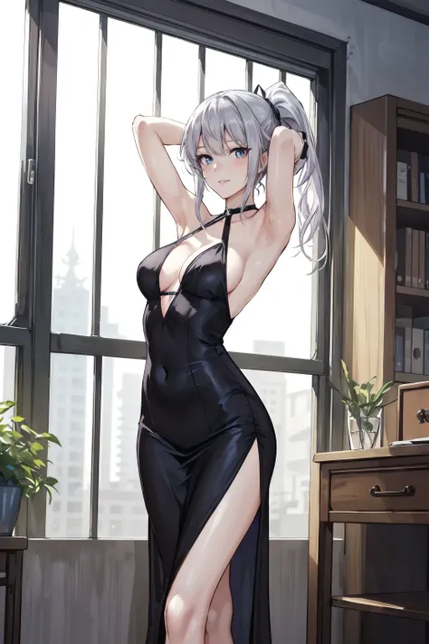 (masterpiece:1.3),(best quality:1.3),(highres),incredibly absurdres,absurdres,very_high_resolution,original,intricate details,ultra-detailed,extremely detailed CG, unity 8k wallpaper,(illustration),sketch,photorealistic,
(1girl),(solo),
(perfect detailed beautiful girl),korean,(close-up),(knee shot),cowboy shot,face focus,portrait,(looking at viewer),((from below)),standing,arms up,arms behind head, adjusting hair, armpits,
mature female,korean,k-pop,(fashion),
(perfect detailed face),(beautiful face),lips,(lipgloss:1.2),blue eyes,blue pupils,((seductive smile)),
(perfect soft tender delicate white skin), glossy skin,skinny,(shiny skin),feminine proportions,
(perfect body shape),narrow waist,slim,wide hips,[curvy:0.8], medium_breasts,(perky_breasts),neck ribbon,breasts apart,revealing dress,(casual),sideboob,evening gown,halter dress,(office lady),bare legs,slim legs,highleg dress,jinx_hair,parted bangs,hair behind ear,white hair,silver hair,folded ponytail,indoors,curtains, plant,cityscape, glass,balcony,overexposure,