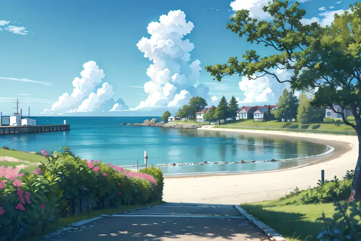 scenery,landscape,emphasis_outlines,depth of field,official wallpaper, game cg, outdoors,seaside, day, sky, ocean, blue sky, power lines, sign, cloud, plant, horizon, water, road, town, buildings, platfrom, trees, flowers ,sea horizon,