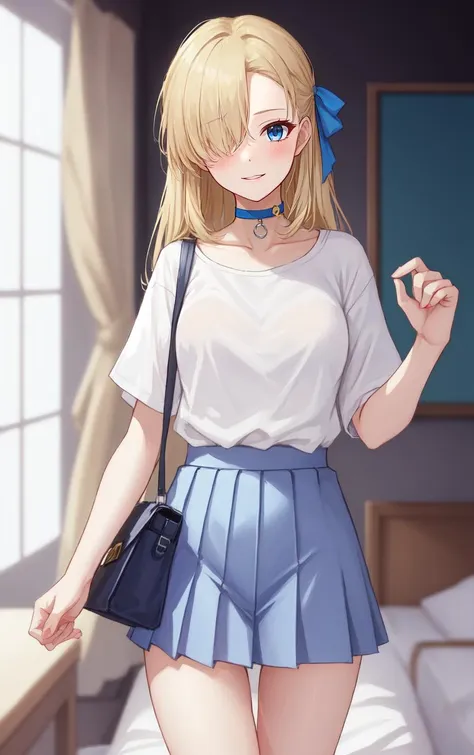 1girl,solo,masterpiece, best quality,  art by mignon, love hotel room  ,luxury hotel bed ,(professional lighting, photon mapping, radiosity, physically-based rendering:1),(from behide:0.7),,asuna_(blue_archive),bag,black_choker,black_panties,blonde_hair,blue_archive,blue_eyes,blue_ribbon,blush,choker,collarbone,collared_shirt,cowboy_shot,hair_ornament,hair_over_one_eye,hair_ribbon,kangse415,long_hair,looking_at_viewer,one_eye_covered,panties,parted_lips,pleated_skirt,ribbon,shirt,shirt_tucked_in,shoulder_bag,skirt,smile,thighs,underwear,white_shirt