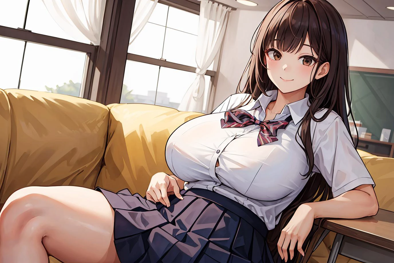 (masterpiece),(best quality), highres, incredibly absurdres, absurdres,very_high resolution, original, intricate details, hyper detail, ultra-detailed, exquisite detailed, extremely delicate, solo:1.5, a mature woman, (girl uniform), (smile face), brown hair, oily tan skin, huge long wide breasts, spread legs, crotch, sit, thick, curvy, chubby tummy, bbw, (longskirt),