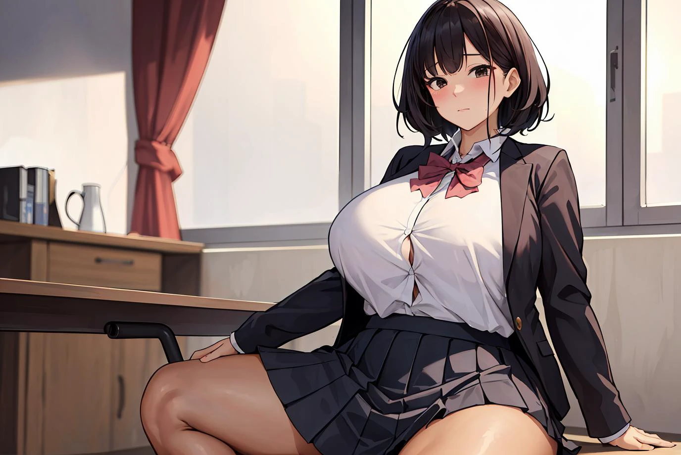 (masterpiece),(best quality), highres, incredibly absurdres, absurdres,very_high resolution, original, intricate details, hyper detail, ultra-detailed, exquisite detailed, extremely delicate, solo:1.5, a mature woman, (schoolgirl uniform), (embarrassed face),  black hair, oily tan skin, huge long wide breasts, spread legs, crotch, sit, thick, curvy, chubby tummy, bbw, (longskirt),