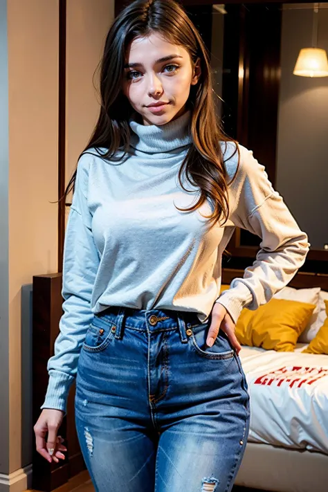 milaazul, a woman with a turtleneck shirt and jeans <lora:milaazul:0.8>