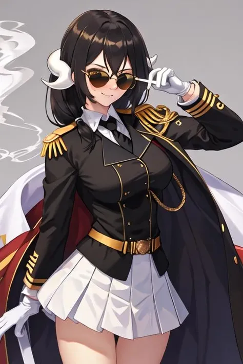 best quality, masterpiece, highres, solo, {black business suit:1.40}, {tie:1.20}, {sunglasses:1.25}, {white gloves:1.15}, {white shirt:1.10}, {black skirt:1.15}, {smoking:1.20}, handsome, {mikasa_azurlane:1.15}, horns, hair_between_eyes, long_hair, breasts, brown_hair, black_hair, bangs, yellow_eyes, military, smile, blush, epaulettes, large_breasts, brown_eyes