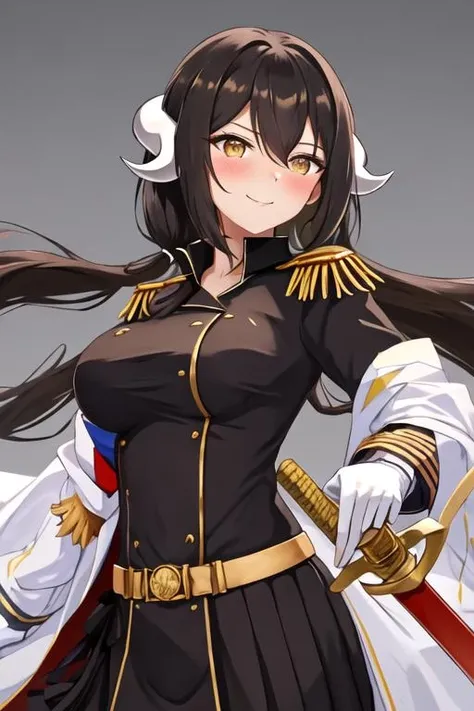 best quality, masterpiece, highres, solo, {mikasa_azurlane:1.15}, horns, hair_between_eyes, long_hair, breasts, brown_hair, black_hair, bangs, yellow_eyes, military, smile, blush, epaulettes, large_breasts, brown_eyes, 1girl, gloves, long_sleeves, military_uniform, sword, uniform, weapon, white_gloves, holding, holding_weapon, looking_at_viewer, skirt, holding_sword