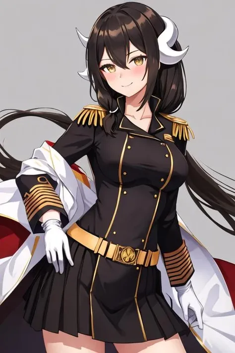 best quality, masterpiece, highres, solo, {mikasa_azurlane:1.15}, horns, hair_between_eyes, long_hair, breasts, brown_hair, black_hair, bangs, yellow_eyes, military, smile, blush, epaulettes, large_breasts, brown_eyes, 1girl, gloves, long_sleeves, looking_at_viewer, military_uniform, uniform, white_gloves, belt, buttons, simple_background