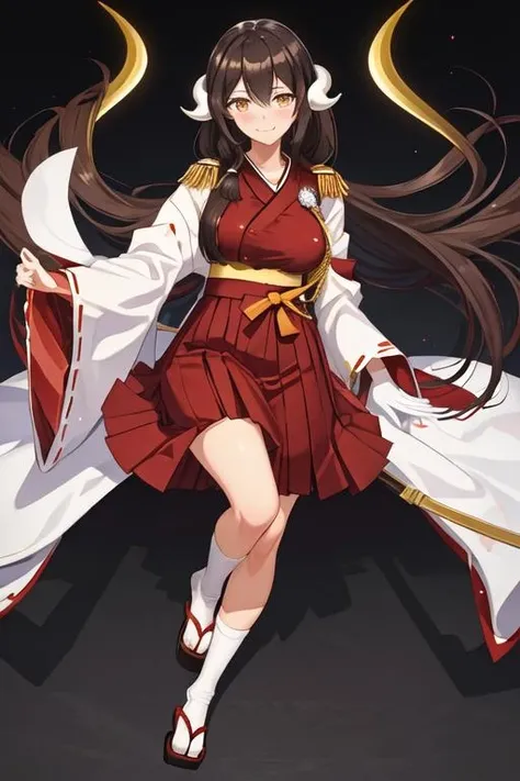 best quality, masterpiece, highres, solo, {white kimono:1.35}, {red hakama:1.35}, {wide sleeves:1.20}, {mikasa_azurlane:1.15}, horns, hair_between_eyes, long_hair, breasts, brown_hair, black_hair, bangs, yellow_eyes, military, smile, blush, epaulettes, large_breasts, brown_eyes