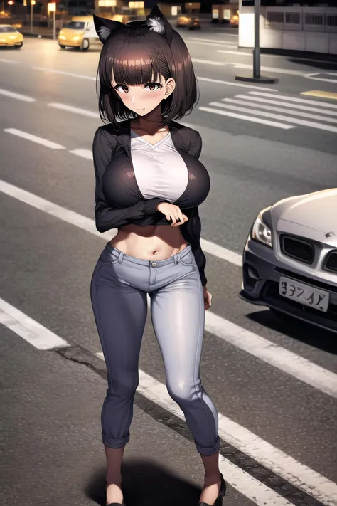 Asian female, wearing short skirt, pantyhose, not wearing shoes, no shoes, topless , big tits, standing beside a Tesla model X、The body is black、The wheels have yellow calipers