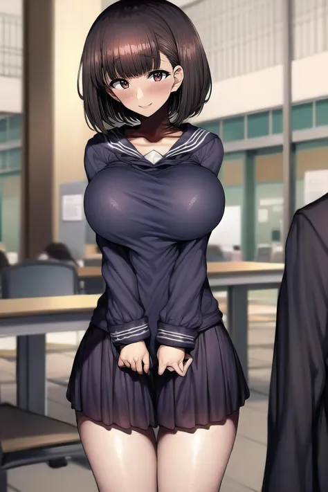 (masterpiece, best quality:1.2), sharp focus,
shiny skin, 1girl, solo,
<lora:Yuina:1>, Yuina, brown hair, short hair, bob cut, center-flap bangs, blunt bangs, large breasts, brown eyes, tareme,
blue sailor collar, smile, looking at viewer, shirt, school uniform, collarbone, serafuku, sailor collar, long sleeves, white shirt, impossible clothes,
<lora:Mild detail adjusterV10:0.5>