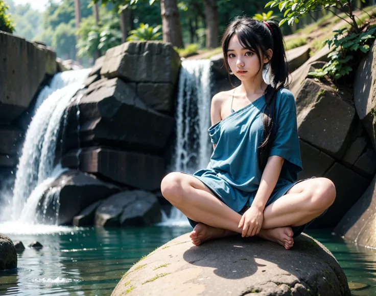 1girll,Barefoot,beach,black_Hair,brown_Eyes,brown_Hair,Bush,cleavage,day,forest,Grass,Lake,mediating_Breasts,moss,Nature,Ocean,Outdoors,plant,pond,Ripples,River,rock music,Shore,short_Hair,Shorts,Sitting,Sitting_On_rock music,Soaking_Feet,Solo,Strap_nipslip,Small rivers,tree,water,waterfallr,Wet,((Busty,High ponytail hair,showing belly)),((Burst breasts)),