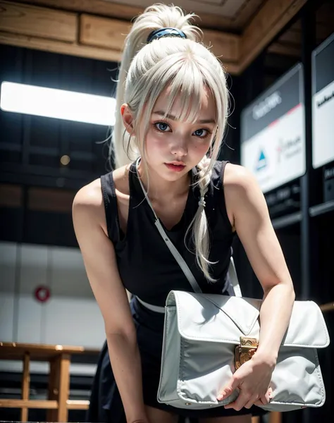 white hair,blunt bangs,vivid emotion,holding bag,bent over,brom above,
(cute half-asian girl),18yo,ponytail,
(masterpiece, best quality),