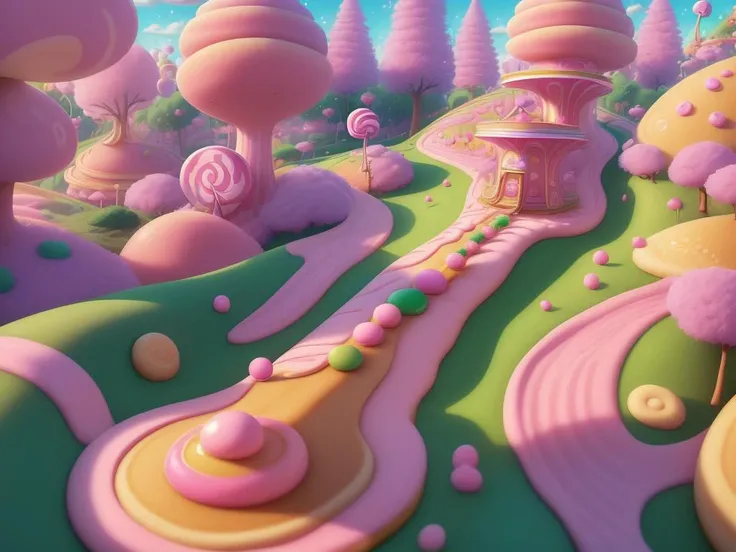 (Masterpiece, best quality:1.3), highly detailed, fantasy, , 8k, C4ndyL4ndAI, candy land, dynamic, cinematic, ultra-detailed, full background, fantasy, illustration, drip, sparkle, (pancake:1.3), syrup, glitter, scenery, ((no humans)), drizzle, beautiful, (shiny:1.2), various colors, monolithic, bloom:0.4, extremely detailed, (green and hot pinkuuuuuuuuuuuuuuuuuuuuuu theme:1.3), striped, smooth, round surface <lora:C4ndyL4ndAIv2_1:1>