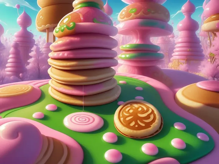 (Masterpiece, best quality:1.3), highly detailed, fantasy, , 8k, C4ndyL4ndAI, candy land, dynamic, cinematic, ultra-detailed, full background, fantasy, illustration, drip, sparkle, (pancake:1.3), syrup, glitter, scenery, ((no humans)), drizzle, beautiful, (shiny:1.2), various colors, monolithic, bloom:0.4, extremely detailed, (green and hot pinkuuuuuuuuuuuuuuuuuuuuuu theme:1.3), striped, smooth, round surface <lora:C4ndyL4ndAIv2_1:1>