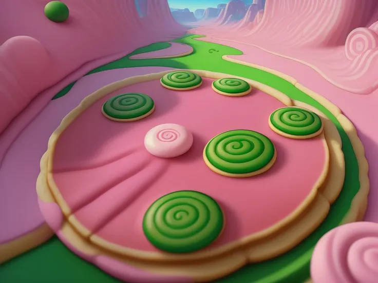 (Masterpiece, best quality:1.3), highly detailed, fantasy, , 8k, C4ndyL4ndAI, candy land, dynamic, cinematic, ultra-detailed, full background, fantasy, illustration, drip, sparkle, (pancake:1.3), syrup, glitter, scenery, ((no humans)), drizzle, beautiful, (shiny:1.2), various colors, monolithic, bloom:0.4, extremely detailed, (green and hot pinkuuuuuuuuuuuuuuuuuuuuuu theme:1.3), striped, smooth, round surface <lora:C4ndyL4ndAIv2_1:1>