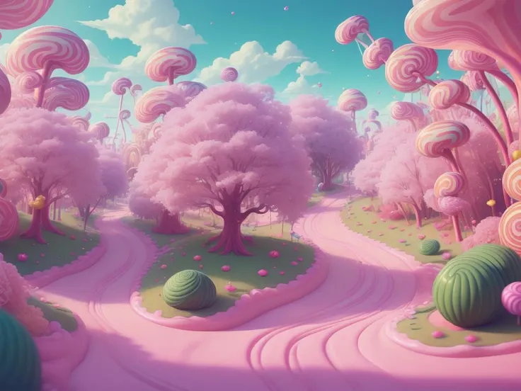 (Masterpiece, best quality:1.3), highly detailed, fantasy, , 8k, C4ndyL4ndAI, candy land, dynamic, cinematic, ultra-detailed, full background, fantasy, illustration, drip, sparkle, pancake:1.3), syrup, glitter, scenery, ((no humans)), drizzle, beautiful, (shiny:1.2), various colors, monolithic, bloom:0.4, extremely detailed, (green and hot pinkuuuuuuuuuuuuuuuuuuuuuu theme:1.3), striped, smooth, round surface <lora:C4ndyL4ndAIv2_1:1>