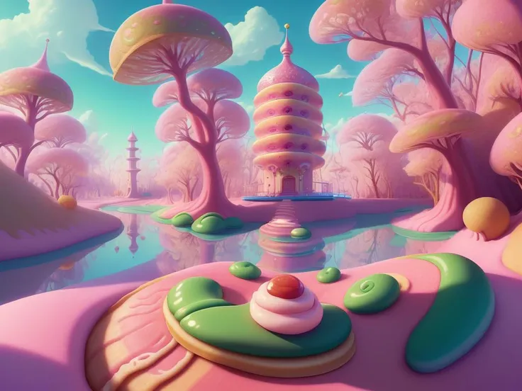 (Masterpiece, best quality:1.3), highly detailed, fantasy, , 8k, C4ndyL4ndAI, candy land, dynamic, cinematic, ultra-detailed, full background, fantasy, illustration, drip, sparkle, (pancake:1.3), syrup, glitter, scenery, ((no humans)), drizzle, beautiful, (shiny:1.2), various colors, monolithic, bloom:0.4, extremely detailed, (green and hot pinkuuuuuuuuuuuuuuuuuuuuuu theme:1.3), striped, smooth, round surface <lora:C4ndyL4ndAIv2_1:1>