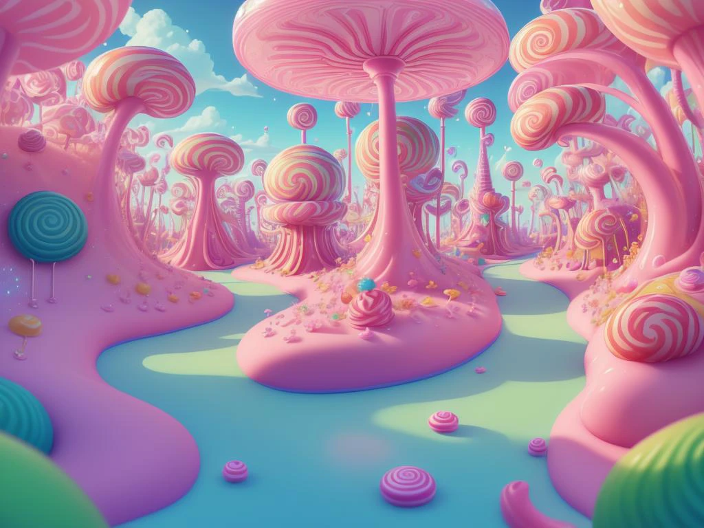 (Masterpiece, best quality:1.3), highly detailed, fantasy, , 8k, C4ndyL4ndAI, candy land, dynamic, cinematic, ultra-detailed, full background, fantasy, illustration, drip, sparkle, pancake:1.3), syrup, glitter, scenery, ((no humans)), drizzle, beautiful, (shiny:1.2), various colors, monolithic, bloom:0.4, extremely detailed, (green and hot pinkuuuuuuuuuuuuuuuuuuuuuu theme:1.3), striped, smooth, round surface <lora:C4ndyL4ndAIv2_1:1>