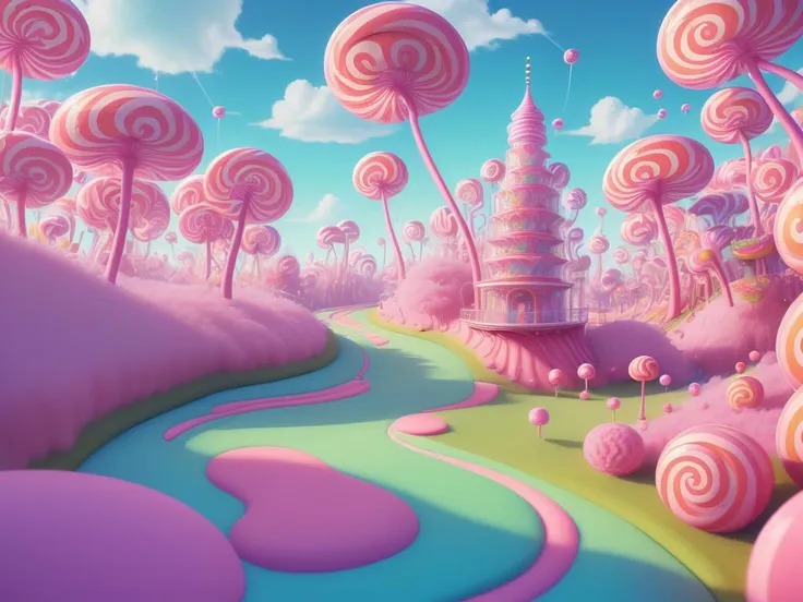 (Masterpiece, best quality:1.3), highly detailed, fantasy, , 8k, C4ndyL4ndAI, candy land, dynamic, cinematic, ultra-detailed, full background, fantasy, illustration, drip, sparkle, pancake:1.3), syrup, glitter, scenery, ((no humans)), drizzle, beautiful, (shiny:1.2), various colors, monolithic, bloom:0.4, extremely detailed, (green and hot pinkuuuuuuuuuuuuuuuuuuuuuu theme:1.3), striped, smooth, round surface <lora:C4ndyL4ndAIv2_1:1>