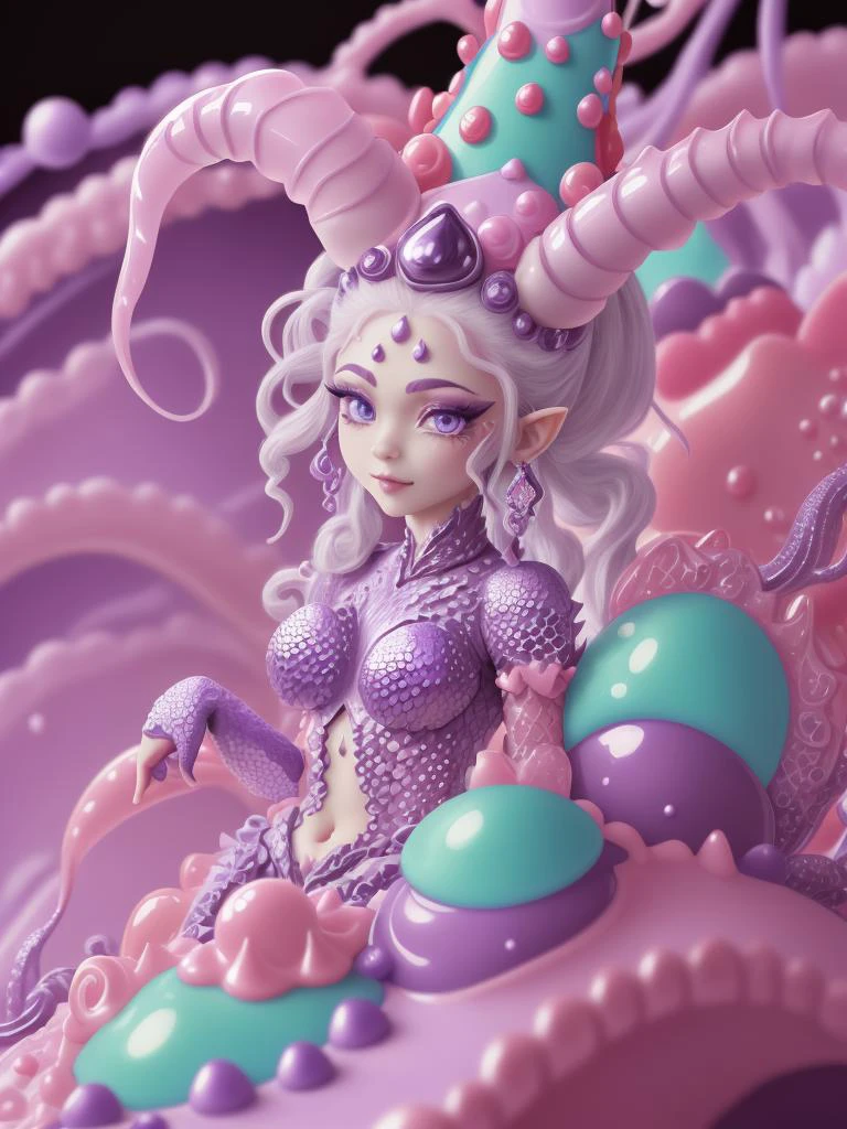 ultra detailed abstract photography of a cute pale CandyLandAI draconian MaiAI in full body pose, silver ponytail with strands hair, (masterpiece), realistic, beautiful face, cinematic light, (beautiful purple eyes:1.3), perfect anatomy,dragon horns,
pointy ears, cowboy shot, medium breasts, (fine detailed purple blackish scaly skin:1.3),black lips, black eye shadow BREAK CandyLandAI background
<lyco:CandyLandAI:1.1>