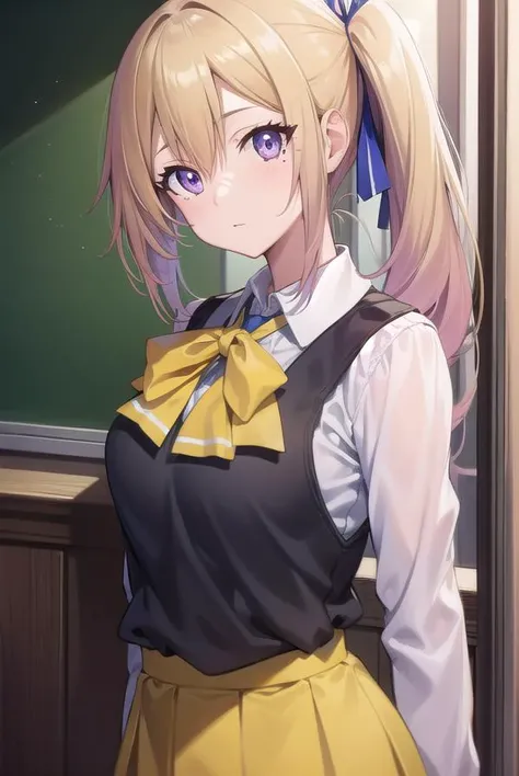 maikawakami, mai kawakami, blonde hair, hair ribbon, long hair, mole, mole under eye, ribbon, side ponytail, (purple eyes:1.2),
BREAK school uniform, skirt, vest, yellow vest,
BREAK indoors, classroom,
BREAK looking at viewer,
BREAK (masterpiece:1.2), best quality, high resolution, unity 8k wallpaper, (illustration:0.8), (beautiful detailed eyes:1.6), extremely detailed face, perfect lighting, extremely detailed CG, (perfect hands, perfect anatomy),
