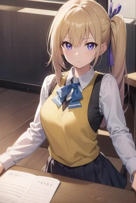 maikawakami, mai kawakami, blonde hair, hair ribbon, long hair, mole, mole under eye, ribbon, side ponytail, (purple eyes:1.2),
BREAK school uniform, skirt, vest, yellow vest,
BREAK indoors, classroom,
BREAK looking at viewer,
BREAK (masterpiece:1.2), best quality, high resolution, unity 8k wallpaper, (illustration:0.8), (beautiful detailed eyes:1.6), extremely detailed face, perfect lighting, extremely detailed CG, (perfect hands, perfect anatomy),