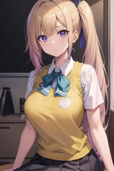 maikawakami, mai kawakami, blonde hair, hair ribbon, long hair, mole, mole under eye, ribbon, side ponytail, (purple eyes:1.2),
BREAK school uniform, skirt, vest, yellow vest,
BREAK indoors, classroom,
BREAK looking at viewer,
BREAK (masterpiece:1.2), best quality, high resolution, unity 8k wallpaper, (illustration:0.8), (beautiful detailed eyes:1.6), extremely detailed face, perfect lighting, extremely detailed CG, (perfect hands, perfect anatomy),