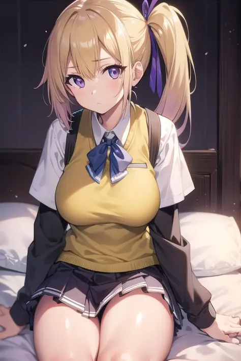 maikawakami, <lora:maikawakamitest:1>, mai kawakami, blonde hair, hair ribbon, long hair, mole, mole under eye, ribbon, side ponytail, (purple eyes:1.2),
BREAK school uniform, skirt, vest, yellow vest, buruma,
BREAK indoors, bed,
BREAK looking at viewer,
BREAK <lora:GoodHands-vanilla:1>, (masterpiece:1.2), best quality, high resolution, unity 8k wallpaper, (illustration:0.8), (beautiful detailed eyes:1.6), extremely detailed face, perfect lighting, extremely detailed CG, (perfect hands, perfect anatomy),