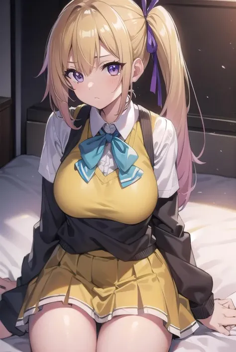 maikawakami, <lora:maikawakamitest:1>, mai kawakami, blonde hair, hair ribbon, long hair, mole, mole under eye, ribbon, side ponytail, (purple eyes:1.2),
BREAK school uniform, skirt, vest, yellow vest, buruma,
BREAK indoors, bed,
BREAK looking at viewer,
BREAK <lora:GoodHands-vanilla:1>, (masterpiece:1.2), best quality, high resolution, unity 8k wallpaper, (illustration:0.8), (beautiful detailed eyes:1.6), extremely detailed face, perfect lighting, extremely detailed CG, (perfect hands, perfect anatomy),