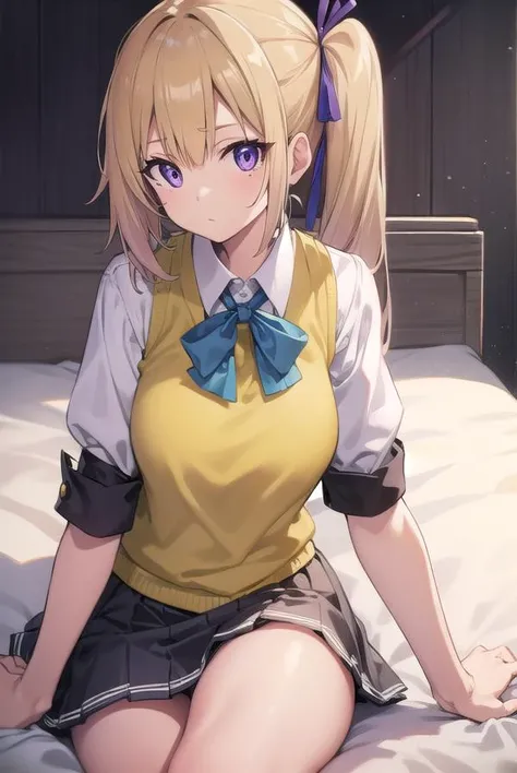 maikawakami, <lora:maikawakamitest:1>, mai kawakami, blonde hair, hair ribbon, long hair, mole, mole under eye, ribbon, side ponytail, (purple eyes:1.2),
BREAK school uniform, skirt, vest, yellow vest, (buruma:1.2),
BREAK indoors, bed,
BREAK looking at viewer,
BREAK <lora:GoodHands-vanilla:1>, (masterpiece:1.2), best quality, high resolution, unity 8k wallpaper, (illustration:0.8), (beautiful detailed eyes:1.6), extremely detailed face, perfect lighting, extremely detailed CG, (perfect hands, perfect anatomy),