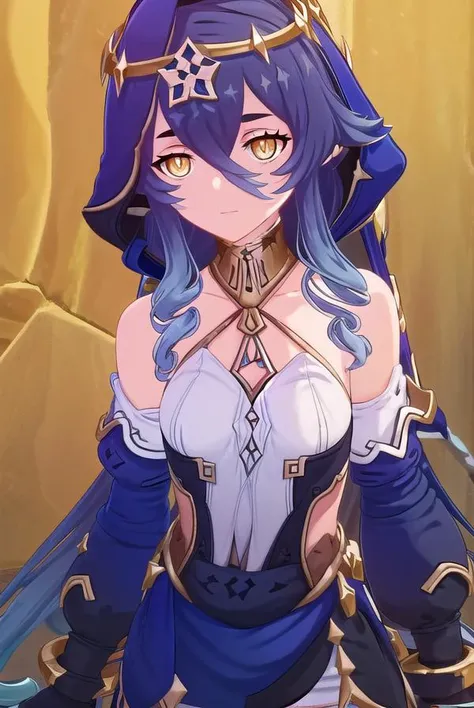 layla, <lora:genshin layla ingame-lora-nochekaiser:1>,
layla, long hair, bangs, hair between eyes, very long hair, blue hair, (yellow eyes:1.3), sidelocks, pointy ears, drill hair, twin drills, (bright pupils:1.5), white pupils, drill locks,
BREAK gloves, long sleeves, bare shoulders, jewelry, pantyhose, detached sleeves, black gloves, puffy sleeves, hood, juliet sleeves, hood up, white pantyhose, claw ring,
BREAK outdoors,
BREAK looking at viewer, (cowboy shot:1.5),
BREAK <lyco:GoodHands-beta2:1>, (masterpiece:1.2), best quality, high resolution, unity 8k wallpaper, (illustration:0.8), (beautiful detailed eyes:1.6), extremely detailed face, perfect lighting, extremely detailed CG, (perfect hands, perfect anatomy),
