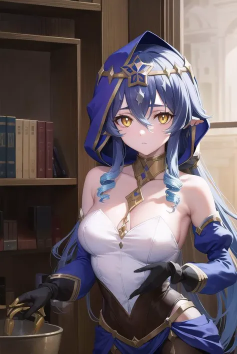 layla, <lora:layla-lora-nochekaiser:1>,
layla, blue hair, bright pupils, drill hair, drill sidelocks, hair between eyes, long hair, pointy ears, sidelocks, (yellow eyes:1.5), <lora:sleepy_v100:1>,
BREAK bare shoulders, black gloves, blue hood, claw ring, detached sleeves, gloves, hood, jewelry, long sleeves, pantyhose, puffy sleeves, white pantyhose,
BREAK indoors, library,
BREAK looking at viewer, (cowboy shot:1.5),
BREAK <lyco:GoodHands-beta2:1>, (masterpiece:1.2), best quality, high resolution, unity 8k wallpaper, (illustration:0.8), (beautiful detailed eyes:1.6), extremely detailed face, perfect lighting, extremely detailed CG, (perfect hands, perfect anatomy),