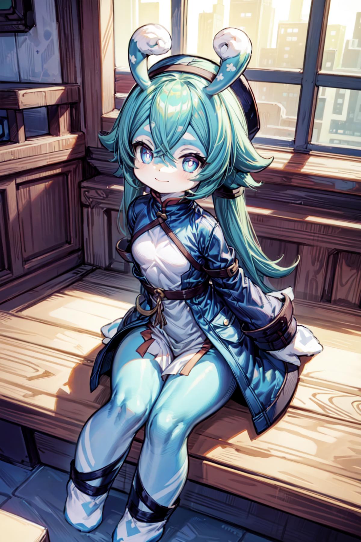 A cartoon picture of a girl with long hair sitting on a bench - SeaArt AI