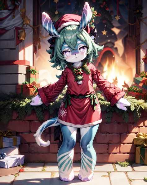 (masterpiece), (best quality), (wideshot), (full body), 1girl, melusine, purple skin, purple eyes, green hair, straight ears, thin tail, smile, happy, (santa hat, santa dress:1.5), fireplace, Christmas tree, presents,
<lora:AddDetail:1> <lora:MelusineV2:1.3>