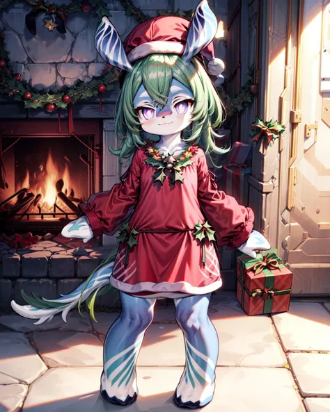 (masterpiece), (best quality), (wideshot), (full body), 1girl, melusine, purple skin, purple eyes, green hair, straight ears, thin tail, smile, happy, (santa hat, santa dress:1.5), fireplace, Christmas tree, presents,
<lora:AddDetail:1>  <lora:MelusineV2:1.3>