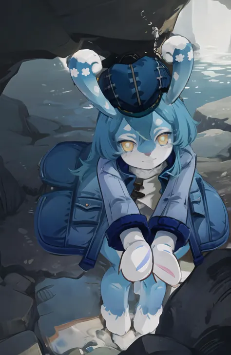 ((masterpiece, best quality)), ultra-detailed, highly detailed, melusine, rounded ears, blush, solo, blue skin, hat, blue coat, smile, upper body,  yellow eyes, from above, sitting, ((long hair)), perfect hands, underwater cave, cave background  <lora:Saya-brush strokes:1><lora:MelusineV1:1>