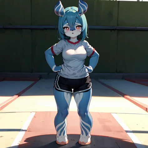 full body, 1girl, melusine, dark blue skin, straight ears, (wide hips:1.3), medium breasts, gym uniform, (gym shorts), track and field,
<lora:MelusineV2:1>