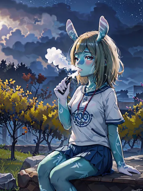 (masterpiece:1.2, best quality:1.1, highres,absurdres, high quality),(photorealistic:1.1),reflected light, colorful,ultra-detailed,8k, ultra hd, super detailed,
((melusine)), 1girl, short hair, animal nose, straight ears, multicolored skin, full body,(green skin),rain,lighting,night, night sky, sitting, park bench, ((vapingnation, smoking,smoke)),looking at viewer, wet clothes, skirt, t-shirt, phblue
<lora:MelusineV3:0.9> <lora:VapingNation:0.7> <lora:bluestyle:0.2>