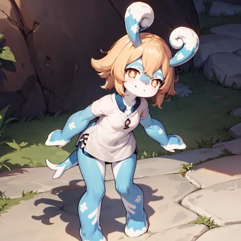 full body, 1girl, melusine, blue skin, orange eyes, blonde hair, curly ears, stubby tail, smile, white shirt,
<lora:MelusineV2:1>